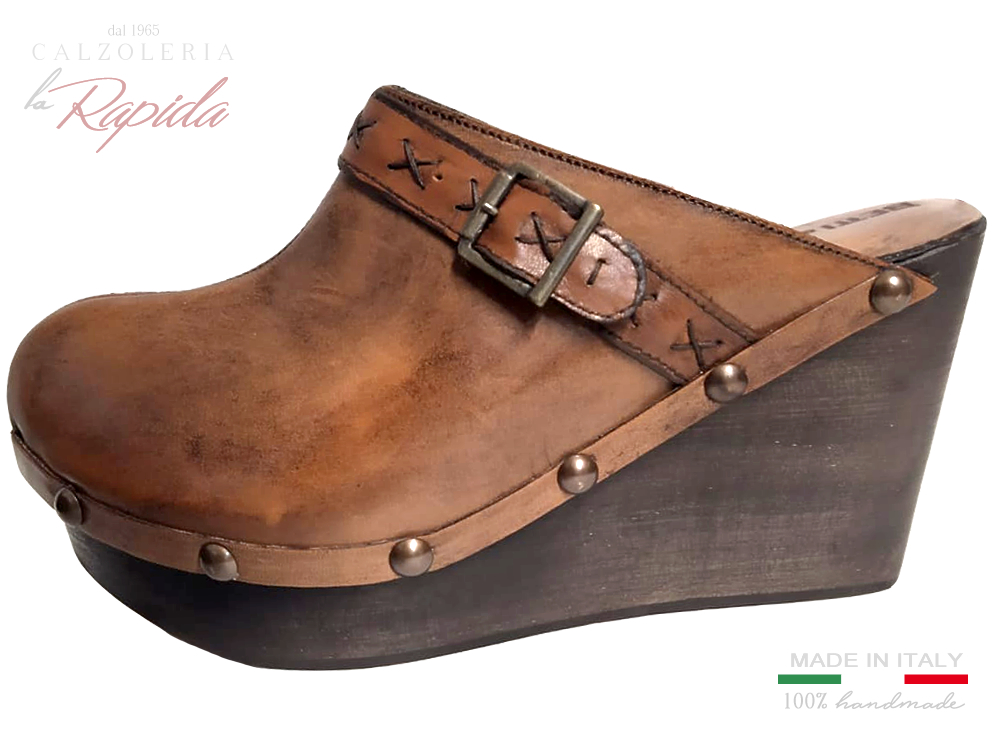 Zeppa Donna in Legno Fascia chiusa Estate in Pelle Marrone