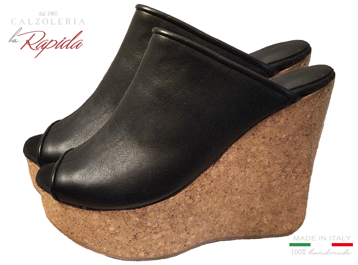 Zeppe Nere Alte Donna in Sughero Artigianali Estate in Pelle Cork Wedge
