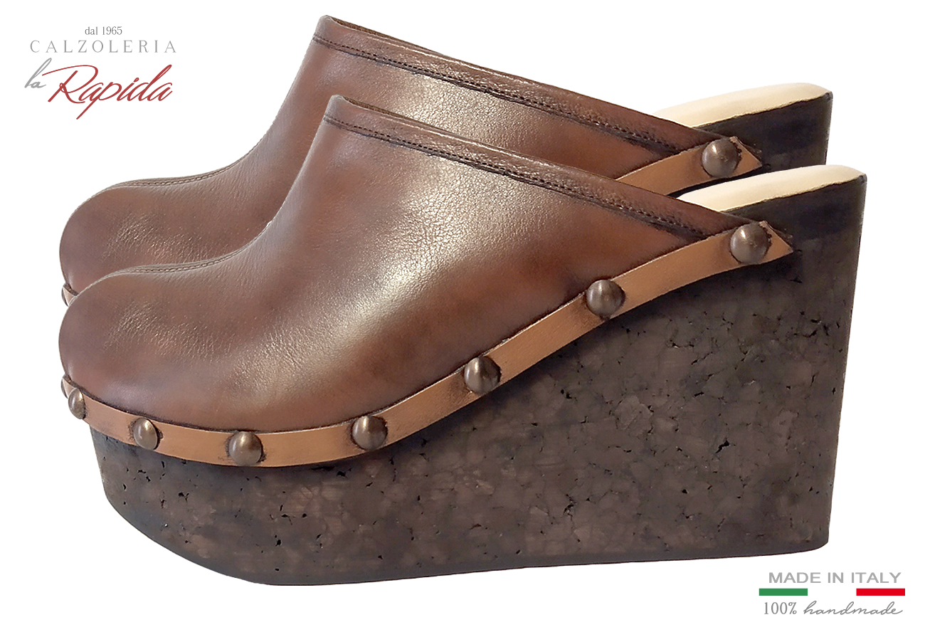 Mules Sabot Zeppe Donna in Sughero Pelle Marrone