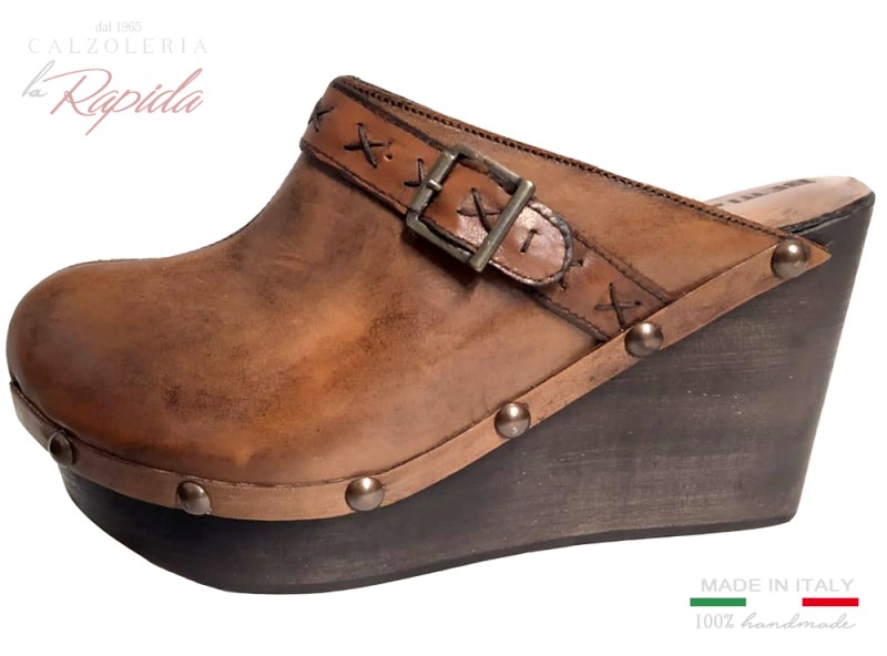 Zeppa Donna in Legno Fascia chiusa Estate in Pelle Marrone