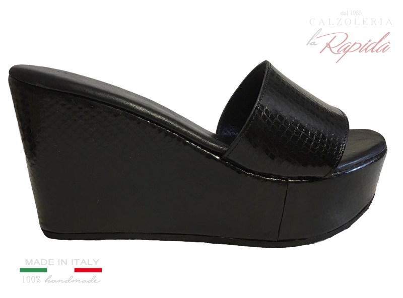 Black Cork Wedges Zeppe Donna Sughero in Pelle Pitone Nera
