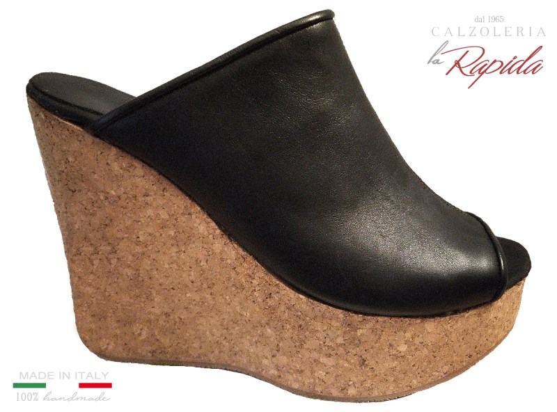 Cork Wedges Women Zeppa Donna Alta in Pelle Nera Estate