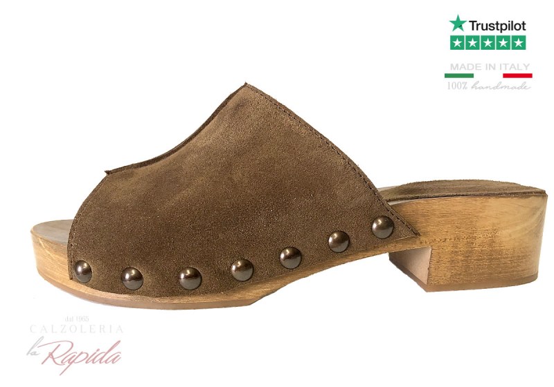 Zoccoli Donna Clogs Bassi Legno Cuoio
