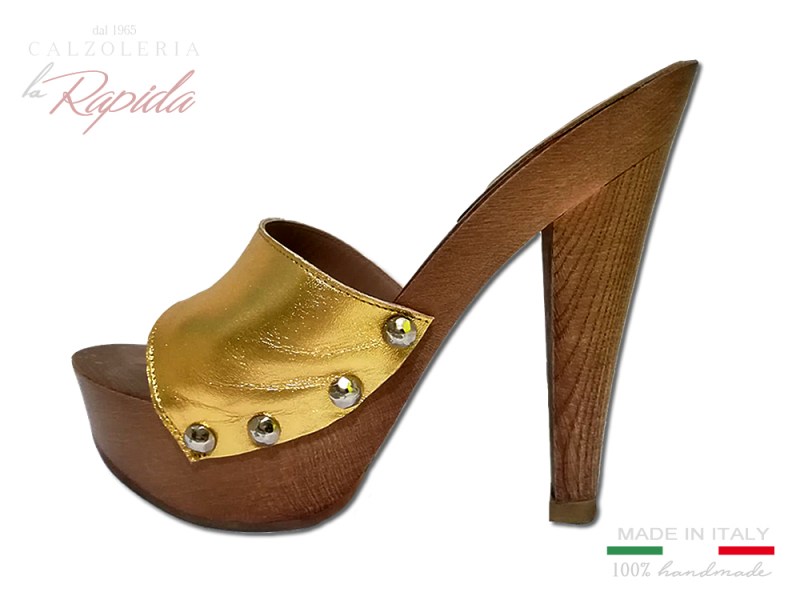 Zoccoli Legno Pelle Oro  Fascia D'orata Eleganti Glamour