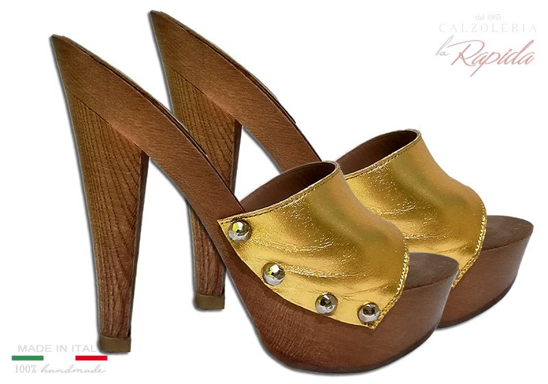 Zoccoli Legno Tacco a Spillo Pello Oro Fashion Sensuali