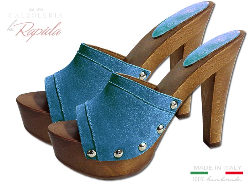 Zoccoli Glamour Azzurri in Legno Tacco fine Pelle Camoscio