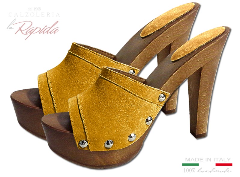 Zoccoli Giallo Ocra Fascia in pelle Camoscio Tacco Alto Estate