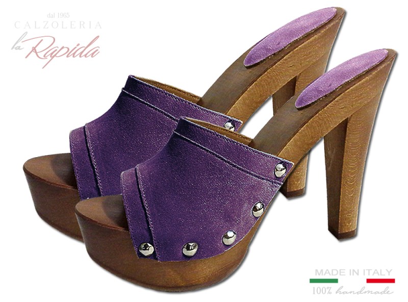Zoccoli in pelle viola camoscio Sabot Donna in Legno Estate