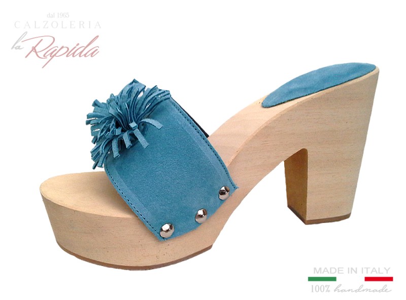 Zoccoli Legno Anni 70 Azzurri Pelle Camoscio Pom Pom