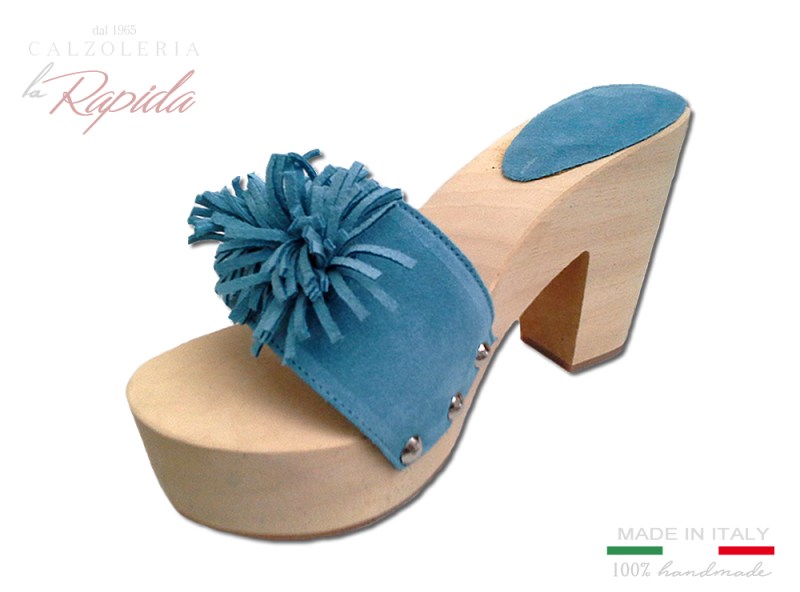 Zoccoli Estate 2024 Azzurri Pelle Camoscio Pom Pom