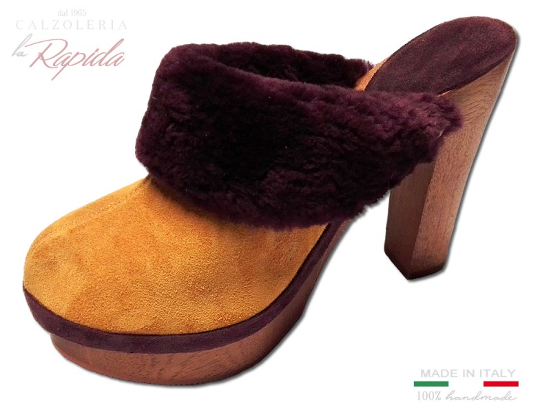 Zoccoli Sabot donna invernali con pelo | Pelliccia bordeaux tacco alto