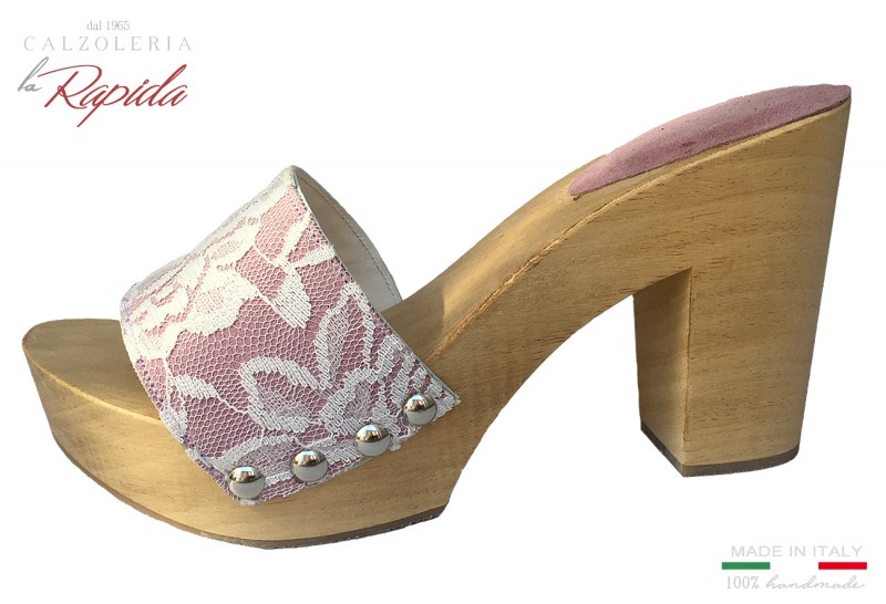 Zoccoli donna in pelle rosa con pizzo tacco medio Estate | La Rapida