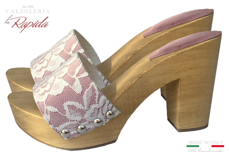 Zoccoli donna in pizzo rosa tacco medio estate | La Rapida