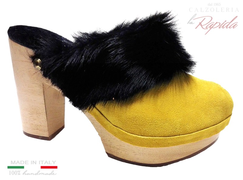 ► Sabot gialli in pelle con pelo nero | Tacco 10 cm | LA RAPIDA