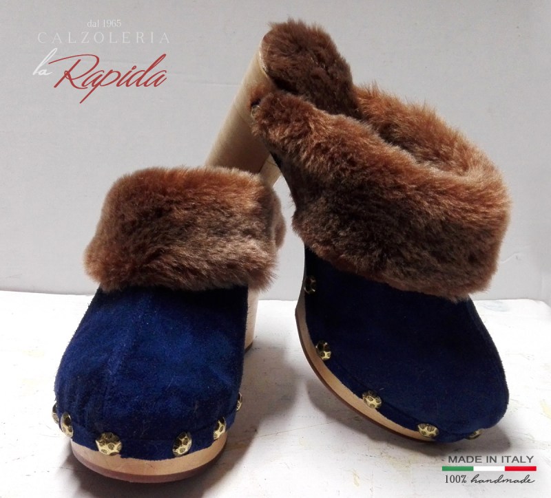 ► Zoccoli invernali con pelo | Pelle Scmosciata Blue | LA RAPIDA