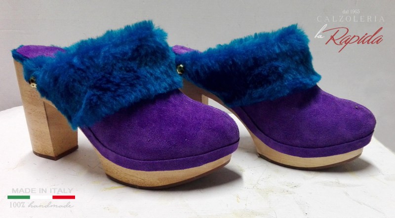► Sabot Viola con pelliccia Blue. Tacco 10 cm. Artigianali su misura | LA RAPIDA