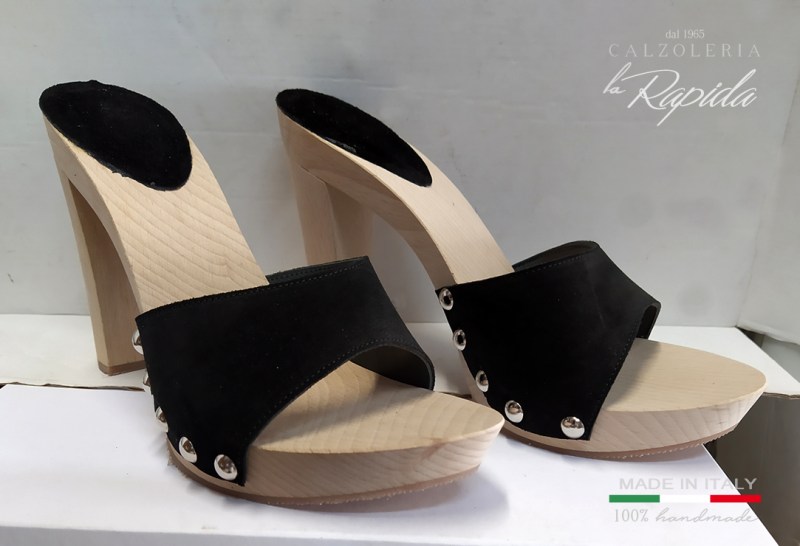 Zoccoli donna alti con plateau fascia pelle nera | La Rapida Betti1965