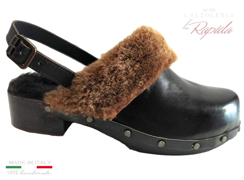 ► Sabot donna con pelo e pelliccia marrone | Pelle camoscio nera | LA RAPIDA