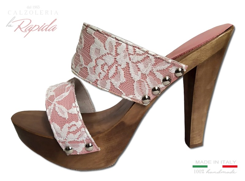Sandali con tacco a spillo in pelle rosa con pizzo | La Rapida