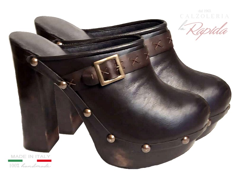 Sabot Donna Marrone Testa di Moro in Pelle Tacco alto Autunno Inverno