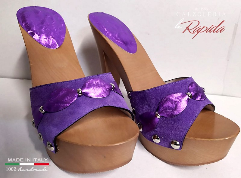 Zoccoli donna in pelle viola Tacco 12 in legno Estate 2024