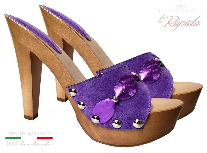 Zoccoli in legno tacco a spillo pelle viola camoscio