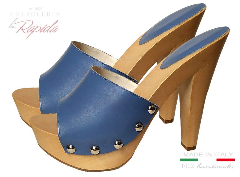 Zoccoli Blu Fiordaliso Azzurri Celesti Pelle Naturale Tacco Fine Novità Estate