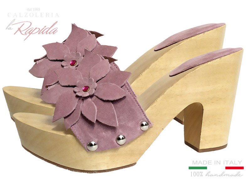 Zoccoli Rosa con Decorazione Floreale e Strass Estate in Pelle