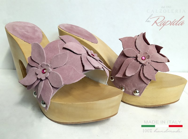 Zoccoli con fiore Rosa Estate Tacco in Legno | La Rapida