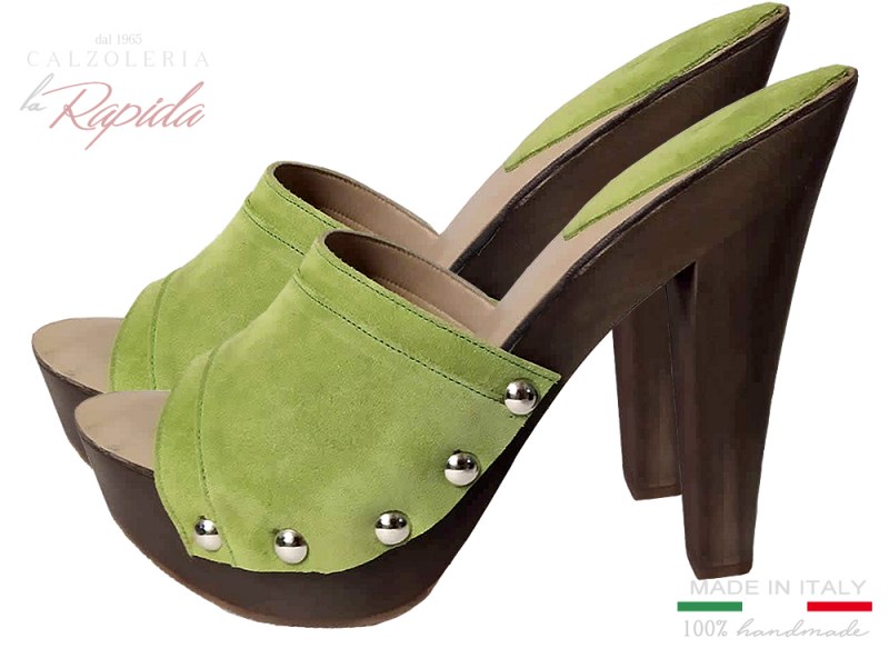 Zoccoli Donna Verdi Pelle Camoscio Naturale Estate Tacco Fine
