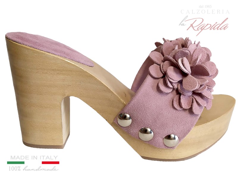 Zoccoli in Legno Estate Viareggio Fiore in Pelle Rosa Tacco Medio