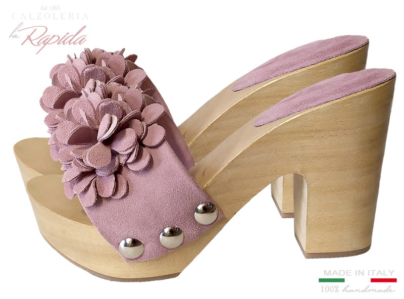 Zoccoli Millefiori Pelle Rosa Antico Tacco Medio Largo Estate