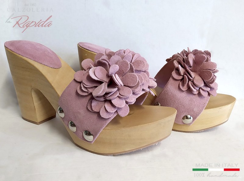 Zoccoli Rosa Donna Artigianali con Fiore Eleganti in Pelle Estivi