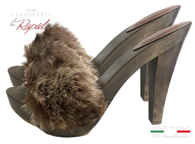 Zoccoli Pelliccia Visone Tacco in Legno 100% Naturale Eleganti 