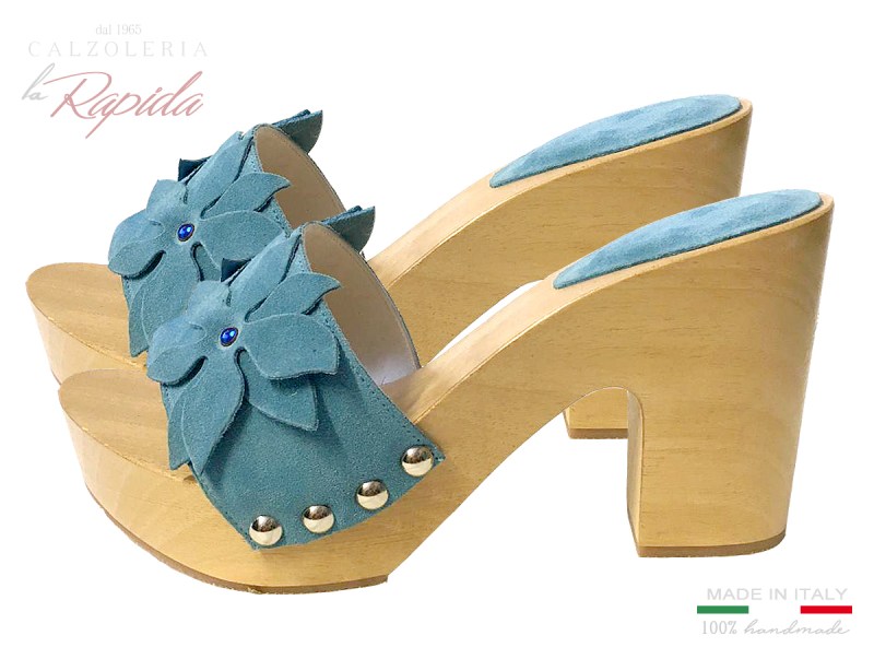 Zoccoli Estate Moda 2024 da Mare Azzurri Camoscio Con Fiori Tacco medio