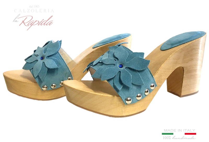 Zoccoli Tacco Medio Azzurri Mllefiori e Strass Eleganti da Mare