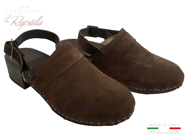 Zoccoli Clogs Donna Estate in pelle Camoscio Marrone con Laccio
