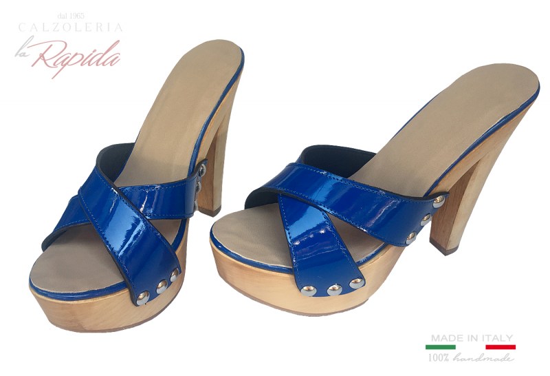 Zoccoli Donna Estate in Pelle Blu Lucido Tacco Alto in Legno