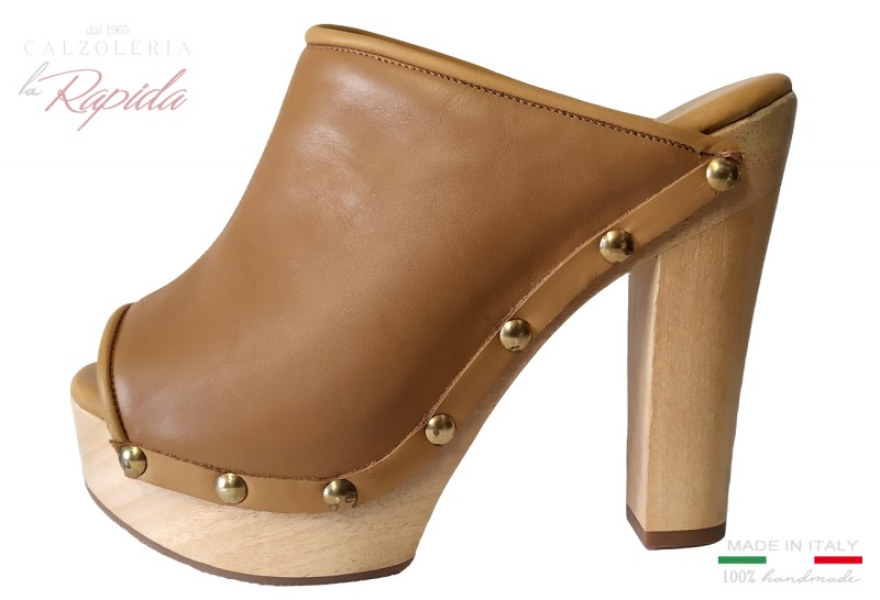 Scarpe Sabot Donna in Pelle color Cuoio Naturale
