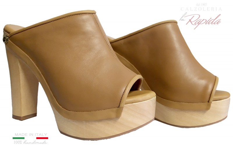 Mules Sabot Donna Scarpe in Pelle Tacco in Legno