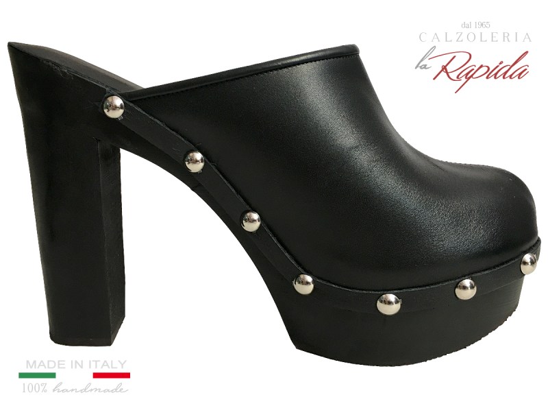 Sabot Donna Neri Tacco in Legno in Pelle Black Mules Woman | La Rapida