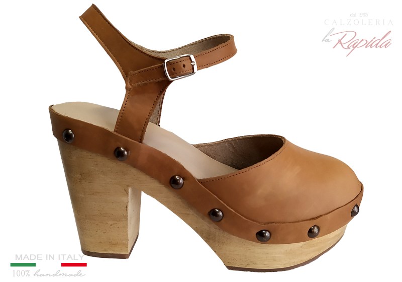 Clogs Donna Zoccoli Svedesi Pelle Cuoio Sandali Tacco Cavigliera
