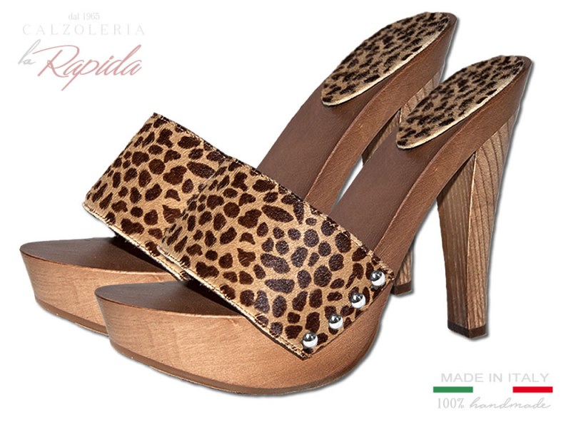 Zoccoli Alti 2024 Donna in Legno Artigianali Tacco Alto Leopardati