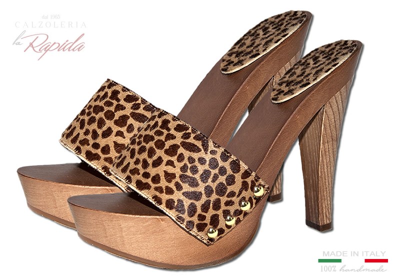 Zoccoli Alti Donna Tacco Fine in Legno Estate 2024 Leopardati 