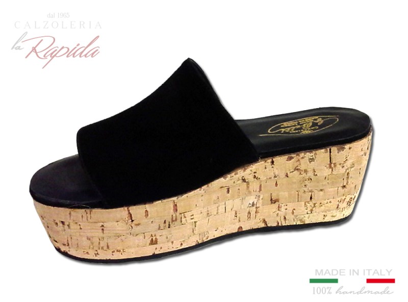 Ciabatte con Zeppe in Sughero Fascia Nera in Pelle | LA RAPIDA