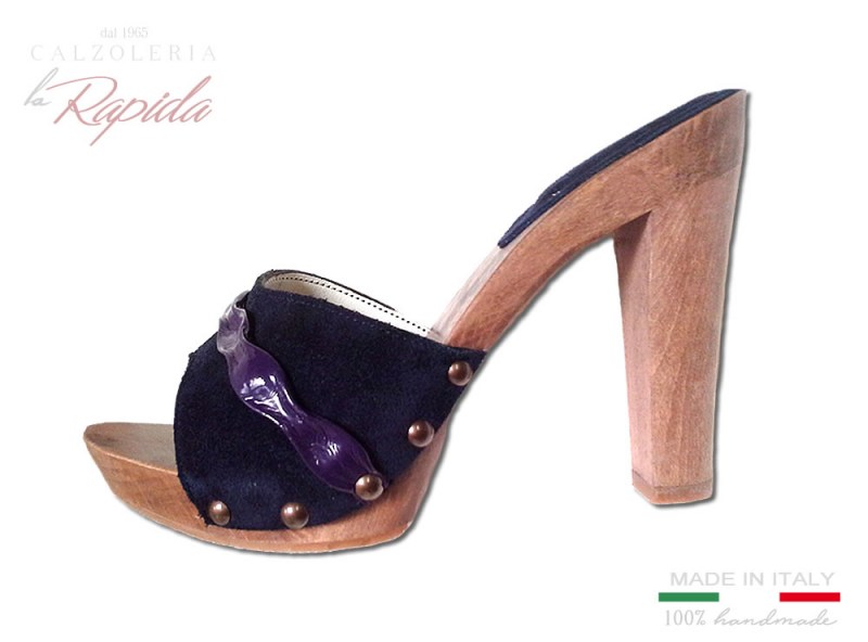 Zoccoli Donna Legno Tacco Alto Pelle Camoscio Blu estate 2024