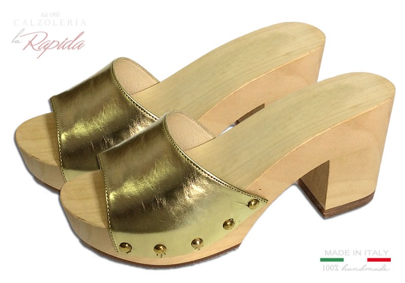 Zoccoli Oro Tacco in Legno Medio Estate 2024