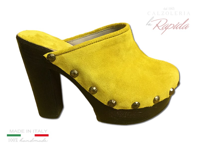 Zoccoli Sabot donna Gialli in Pelle Tacco in Legno | La Rapida Betti1965