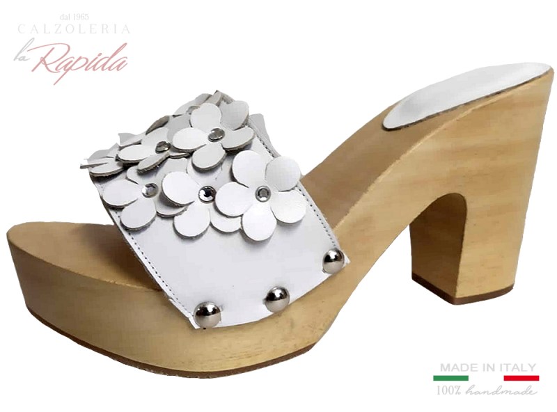 Zoccoli Donna con Fiori e Gioiello Tacco in Legno Fatti a Mano