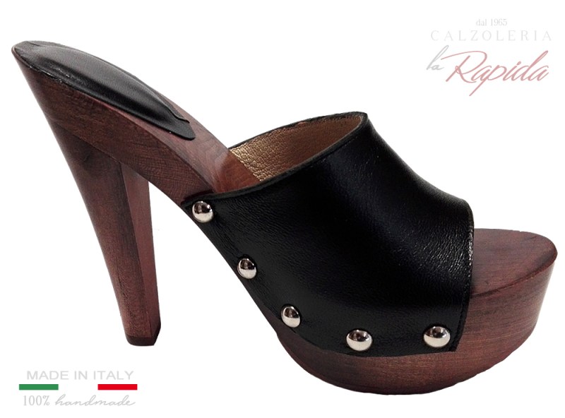 Zoccoli in Legno Donna Primavera Estate Eleganti in Pelle Nera